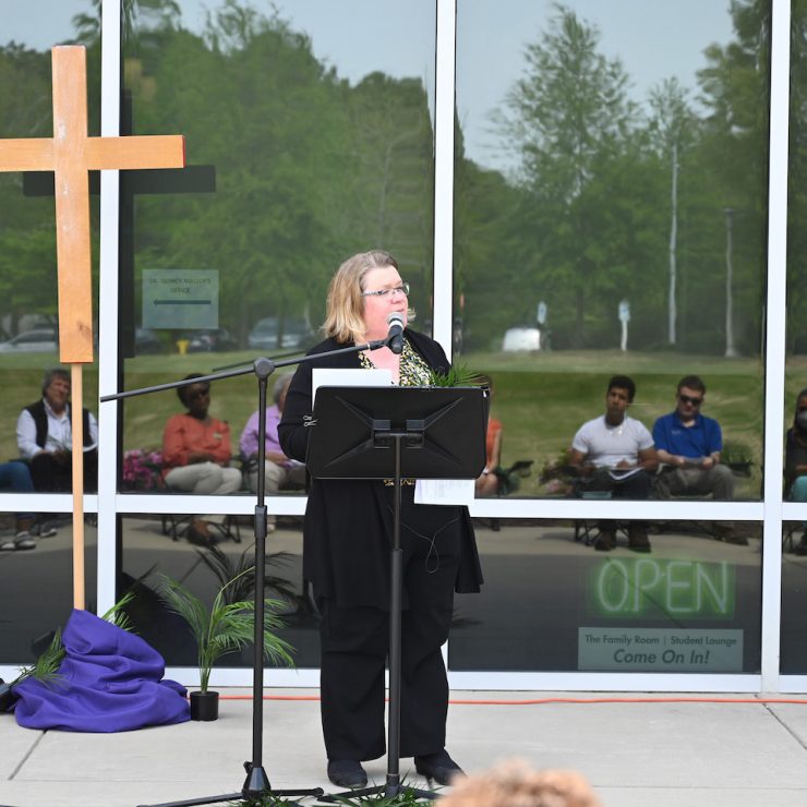 Reverend Kelli Taylor speaking during a Palm Sunday service at Methodist University