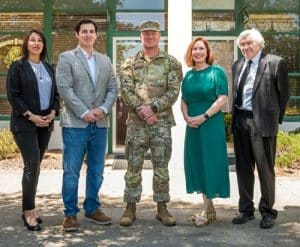 Standing (left to right) outside of Methodist University’s Military & Veteran Center: Rocio Serna (Coordinator, Military & Veteran Services), Theodore Esparza (Director of CRA Partnerships, GoVA), Capt. Justin Rodewald (Assistant Professor of Military Science), Dr. Suzanne Blum Malley (Provost), and Randy Smith (Director, Military & Veteran Services).