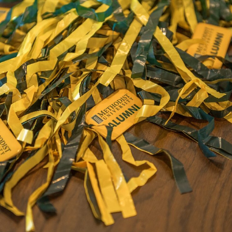 Methodist University Alumni badges and pom poms