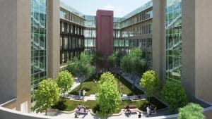 Exterior Courtyard rendering of the Methodist University Cape Fear Valley Health School of Medicine