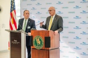 MU President Stanley T. Wearden (right) and Cape Fear Valley Health CEO Mike Nagowski at the 2023 announcement of the Methodist University Cape Fear Valley Health School of Medicine.