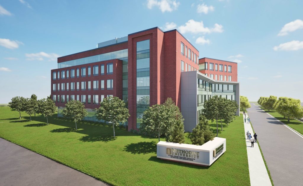 Artist Rendering of the Proposed Methodist University Cape Fear Valley Health School of Medicine as seen from Village Drive