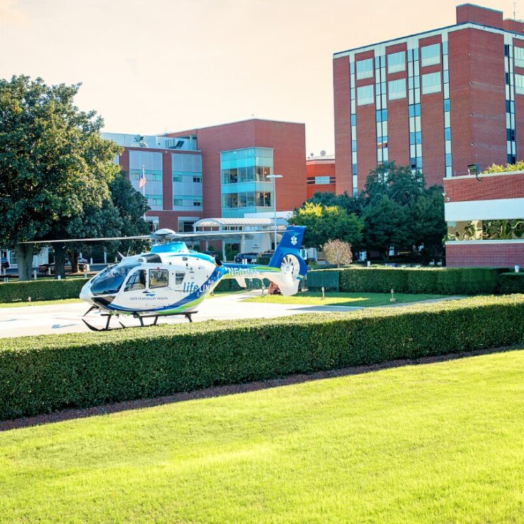 Cape Fear Valley Medical Center with a Medevac helicopter in the foreground