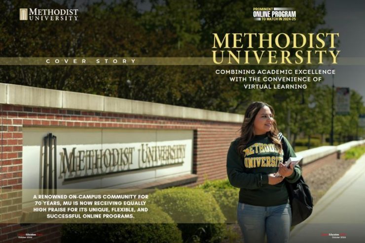 Student with the Methodist University sign, from Higher Education Digest