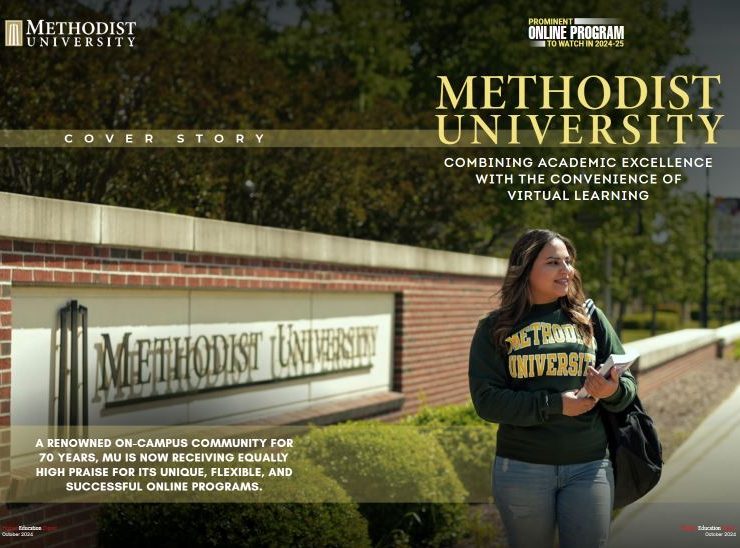 Student with the Methodist University sign, from Higher Education Digest