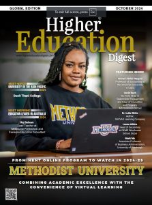 Cover of Higher Education Digest magazine featuring a Methodist University student in the library